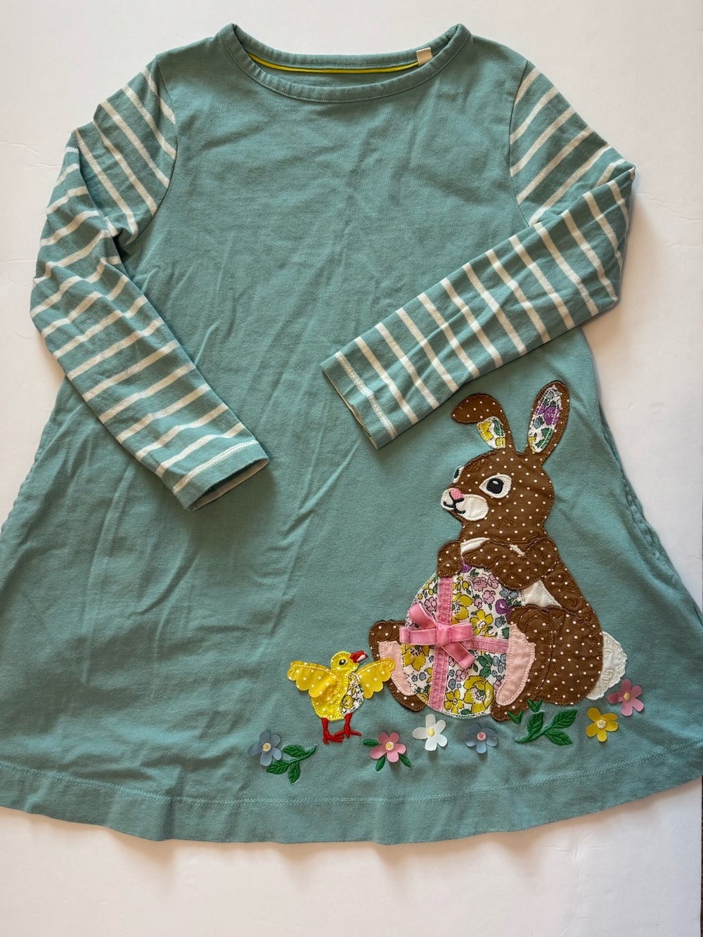 Mini Boden Teal Striped-Sleeve Dress with Bunny & Chick Appliqués - 4/5 year